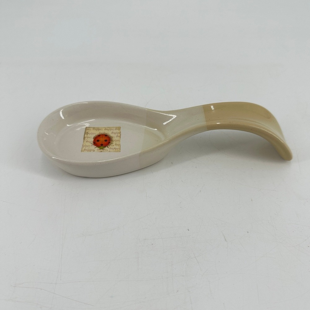 Ceramic Ladybug Spoon Rest Cream and Tan Glossy Kitchen Decor - Picture 3 of 8